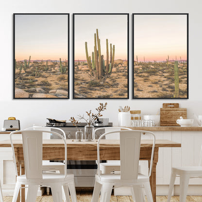 Canvas of tall desert cacti in warm sunset tones over a rocky Baja landscape, ideal for earthy or Southwestern-style home decor.