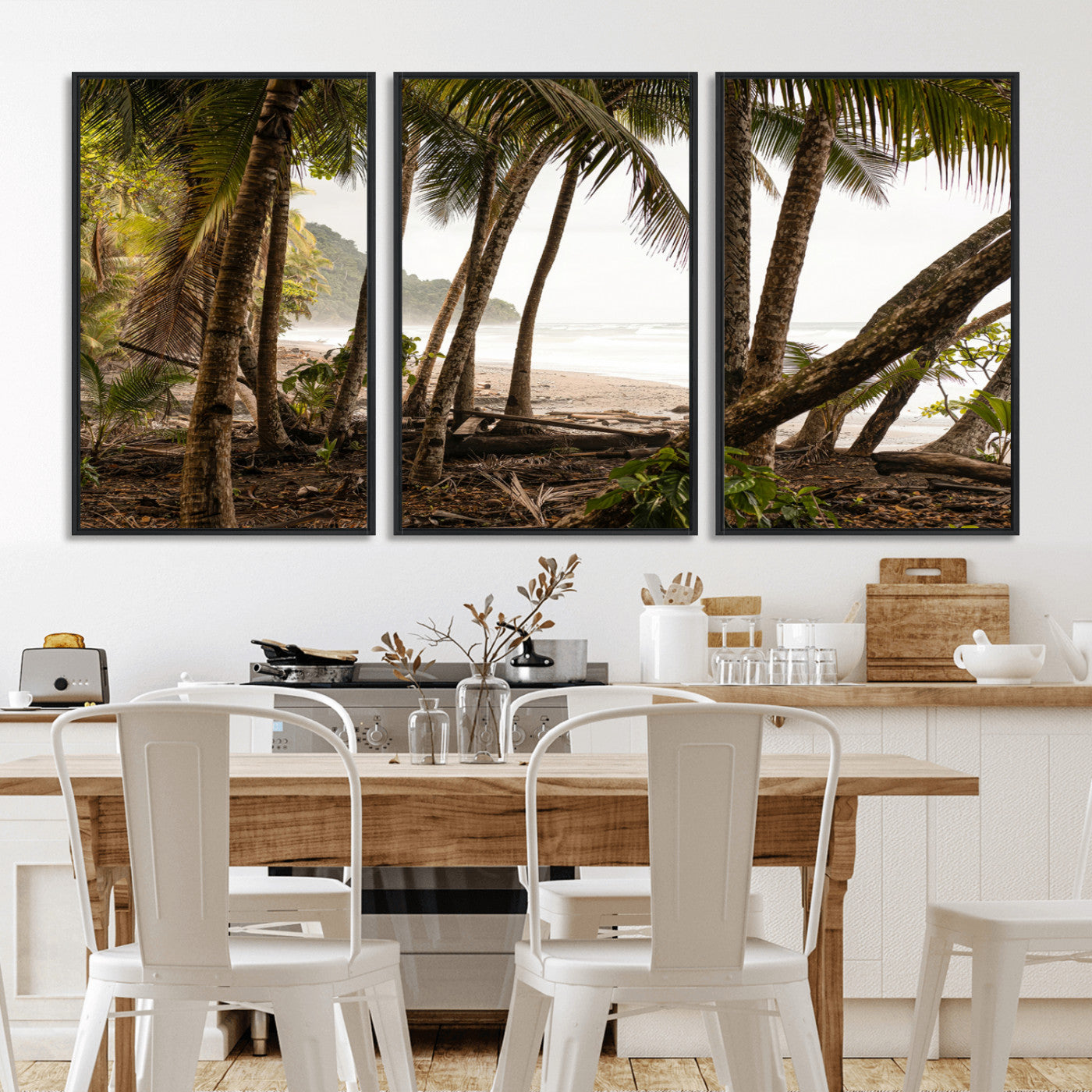Dense tropical palm trees framing a sandy beach and ocean shore, ideal for jungle or coastal themed interior wall decor.