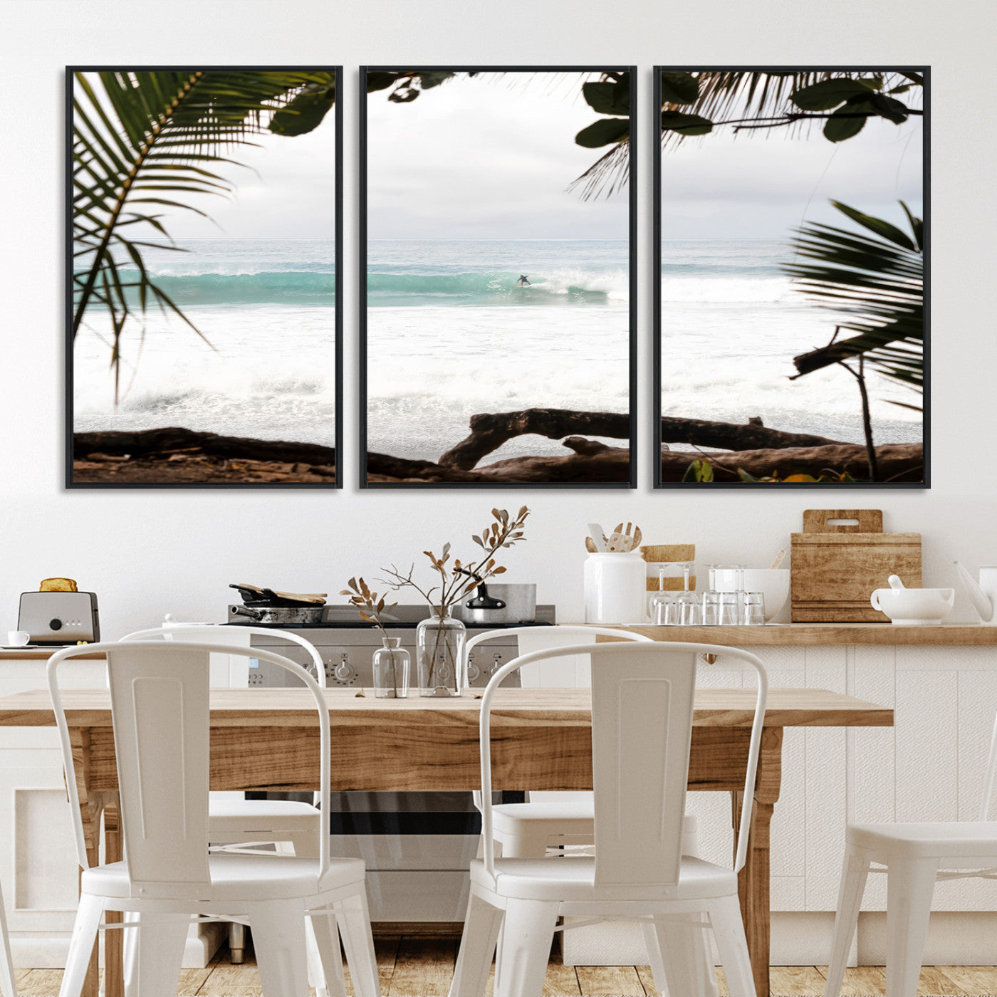 Tropical beach view with palm trees and surfer riding a wave, perfect for boho or coastal-inspired interior wall decor.