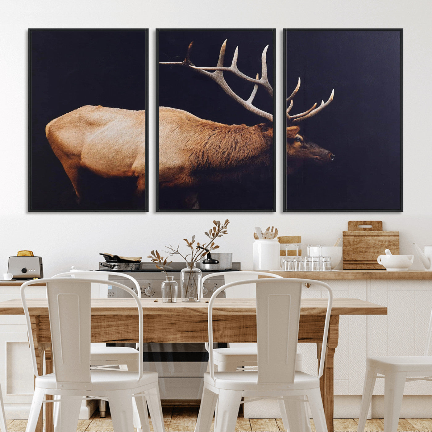 Side profile of an elk with large antlers on dark background, creating a bold rustic statement for cabin or Western-themed decor.