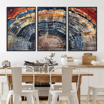 Vibrant tree ring with orange, brown, and blue tones in abstract detail, perfect for rustic or boho-inspired wall decor.