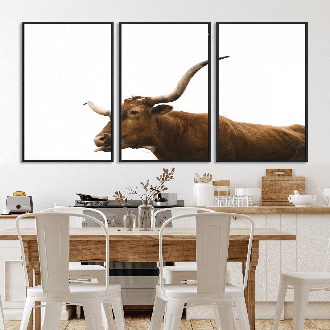 Minimal photo of a longhorn cow with white background, ideal for rustic, western or farmhouse-style interior decor.
