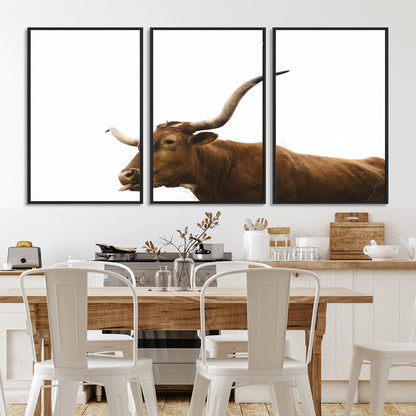 Minimal photo of a longhorn cow with white background, ideal for rustic, western or farmhouse-style interior decor.
