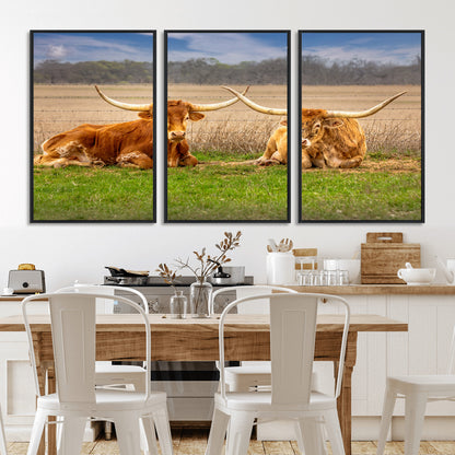 Two longhorn cows lying on green grass in front of a golden field and trees under a blue sky, perfect for rustic country wall decor.
