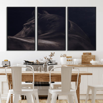 Close-up of a black horse with dramatic lighting on a dark background, perfect for rustic or masculine home decor.