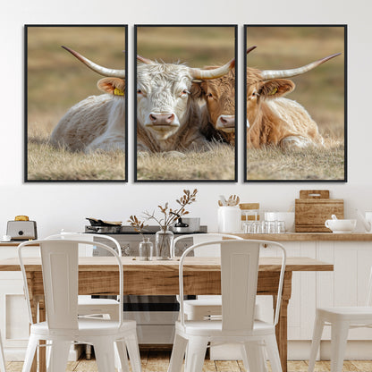 Two cows laying closely in a dry grassy field, captured in soft light, perfect for rustic farmhouse or western style home decor.