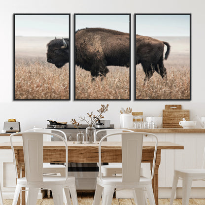 A lone bison stands in a vast prairie under a soft sky, evoking freedom and rustic charm for western or farmhouse inspired interiors.