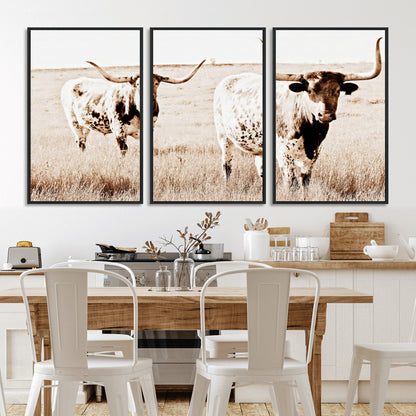 Two Texas longhorn cows standing in a sepia-toned pasture, evoking rustic charm perfect for farmhouse or western country interiors. (
