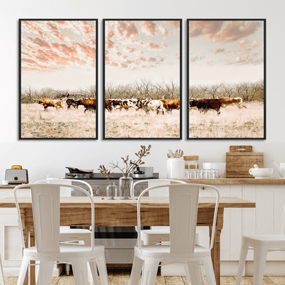 Cattle herd in a soft-toned field under a pastel pink sky, creating a peaceful rustic feel, perfect for farmhouse or western-themed spaces.
