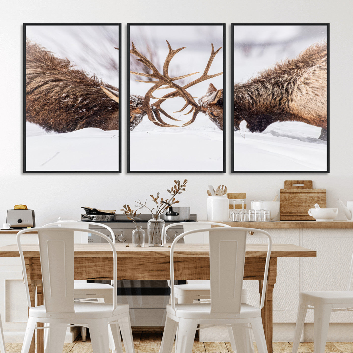 Two elk clashing antlers in a snowy forest, capturing raw power and wild energy, ideal for rustic cabin or lodge-style decor.