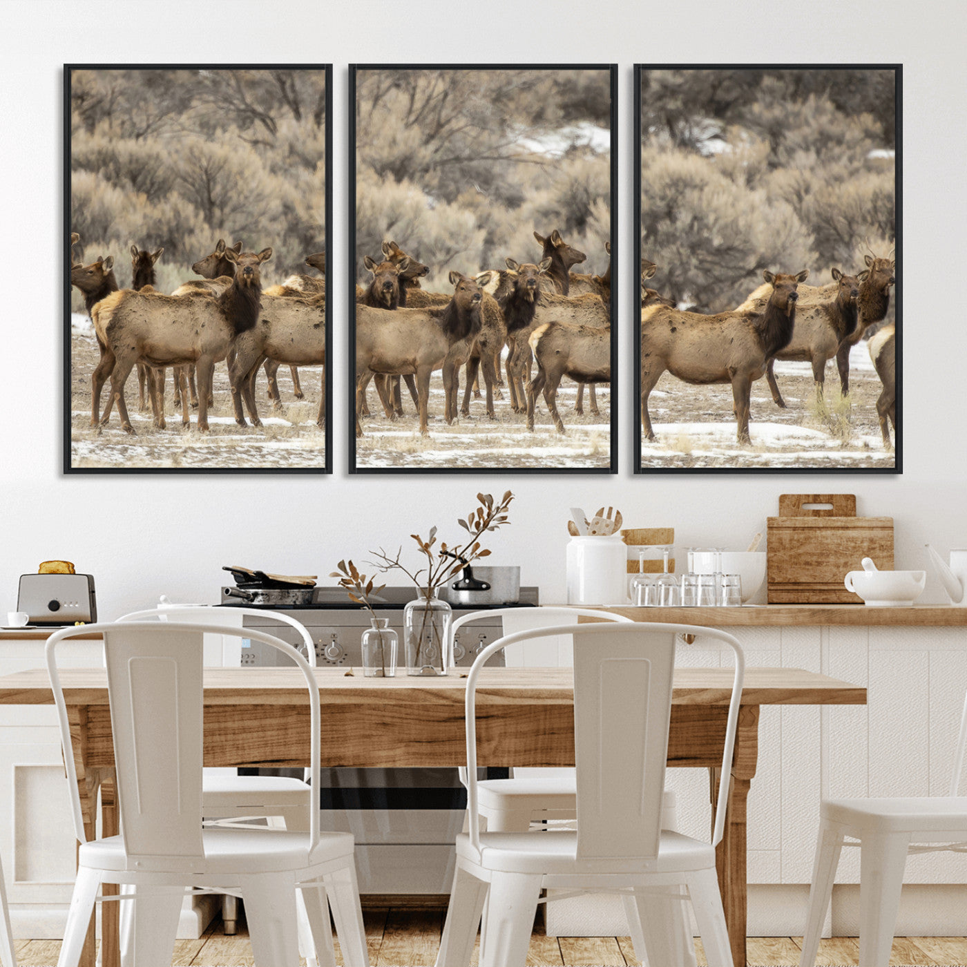 A large herd of elk standing in an open field with soft earthy tones, ideal for rustic lodge or western-themed home wall decor.
