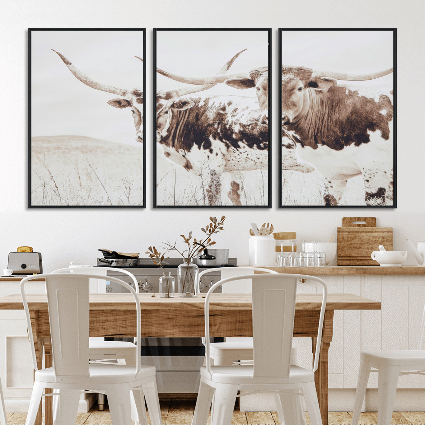 Two longhorn cows standing in a sepia-toned pasture with soft light, ideal for rustic or farmhouse-themed neutral wall decor.