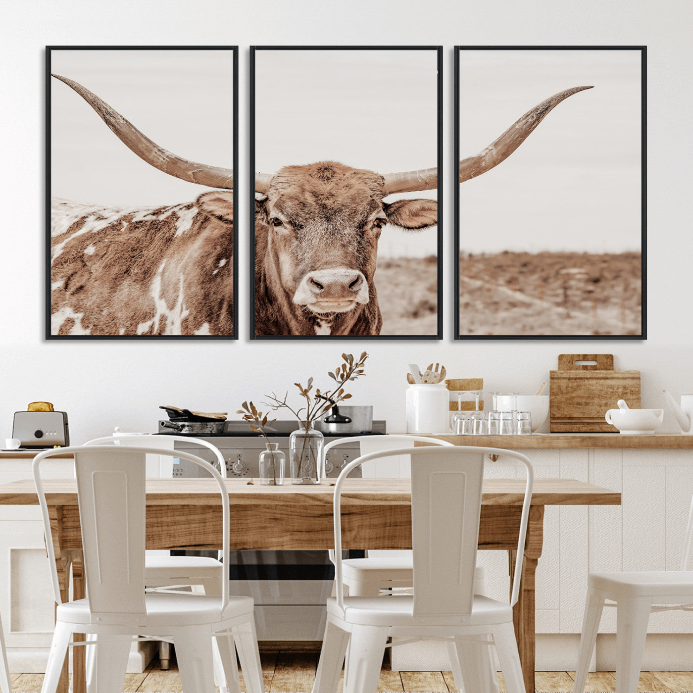 A longhorn cow in soft beige desert tones, standing calmly in open land, perfect for neutral western or rustic farmhouse interiors.