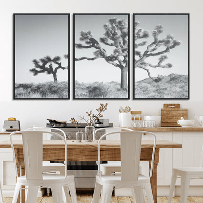 Black and white Joshua tree in a desert landscape with soft light and dry brush, perfect for rustic or minimalist home decor.