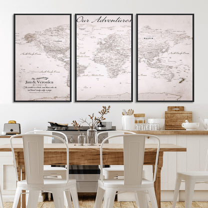 Customize Push Pin World Map Wall Canvas Print – Personalized Travel Map with Foam Pins – Framed Custom Quotie Canvas for Home Office Decor