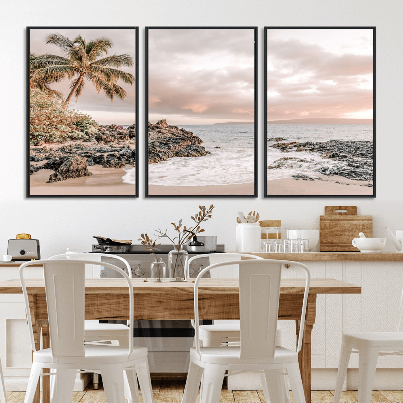 A peaceful beach scene with a palm tree and rocks, soft waves washing onto the shore under a soft pastel sky at sunset.