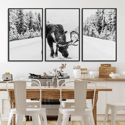 A majestic moose grazing in the snow-covered wilderness, surrounded by snow-covered trees, creating a peaceful winter scene.