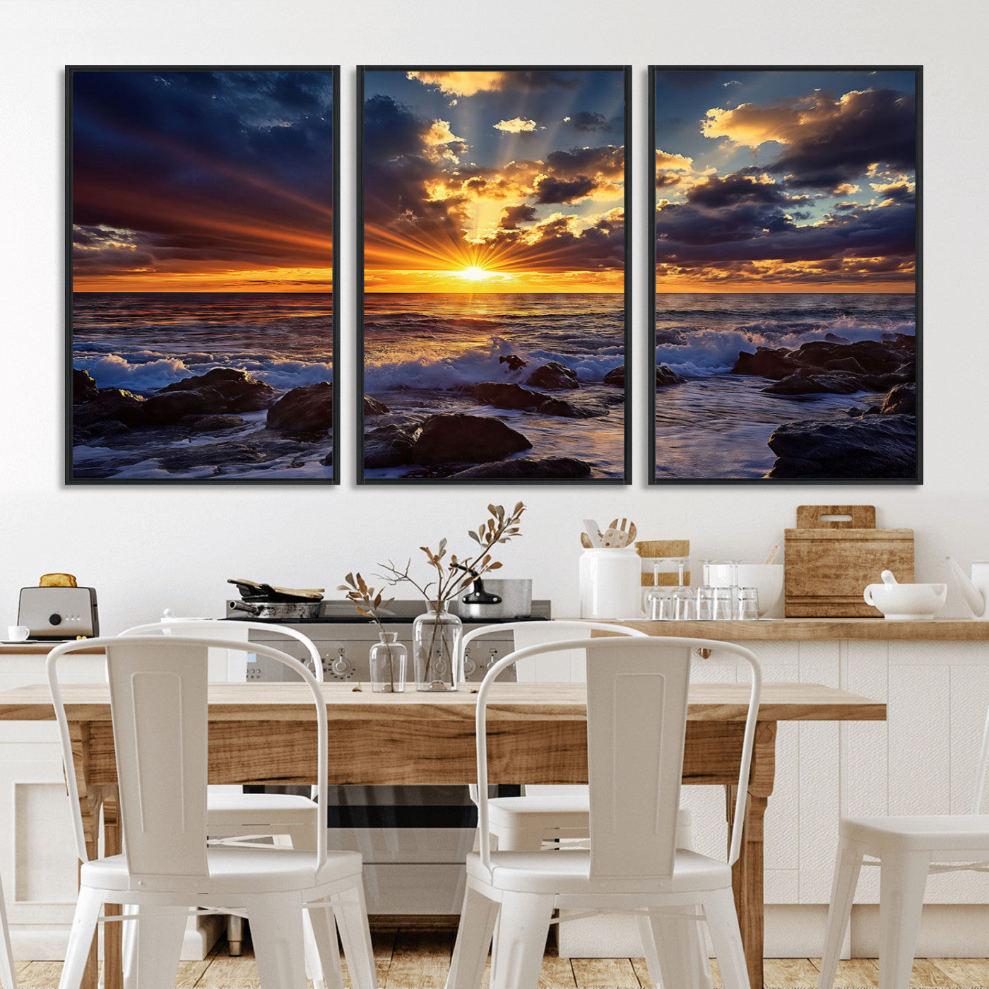 An explosive sunset over the ocean with dramatic clouds and rays of sunlight reflecting off the water, creating a vibrant and captivating view.