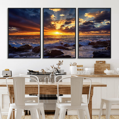 An explosive sunset over the ocean with dramatic clouds and rays of sunlight reflecting off the water, creating a vibrant and captivating view.