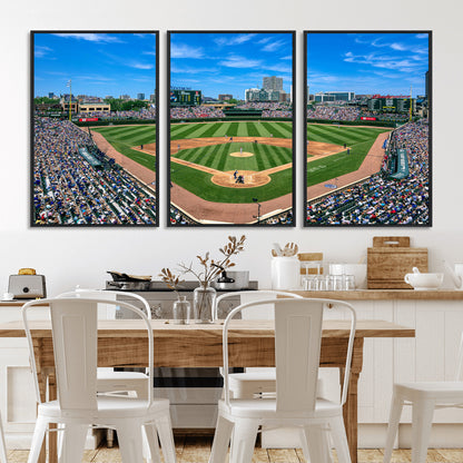 Wrigley Field Baseball Stadium Canvas Wall Art, Packed Crowd Sports Stadium Print, City Skyline Baseball Field Canvas for Game Room Decor