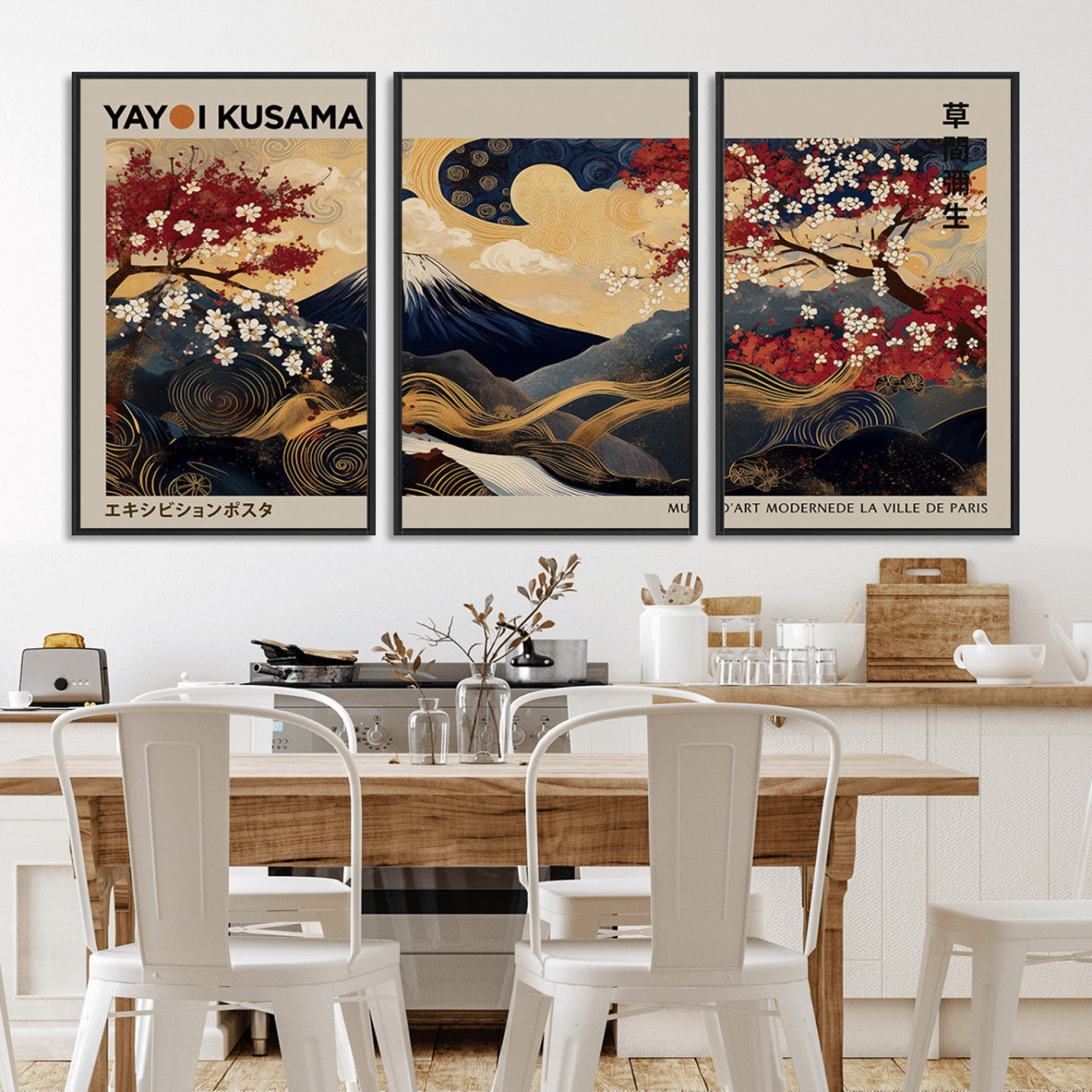 Yayoi Kusama's artwork featuring Mount Fuji, blooming cherry trees, and intricate swirls, blending traditional Japanese elements with vibrant color.