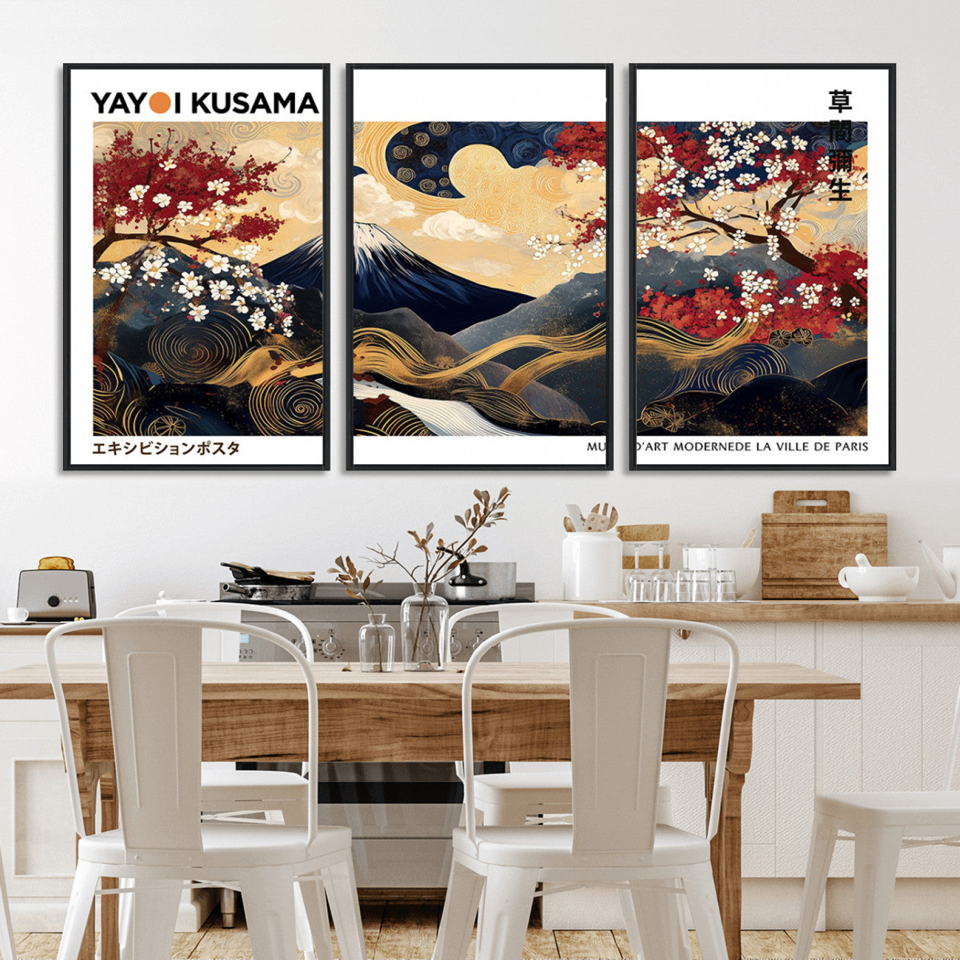 An artwork by Yayoi Kusama featuring Mount Fuji, blooming cherry blossoms, and swirling patterns in a harmonious blend of nature and art.