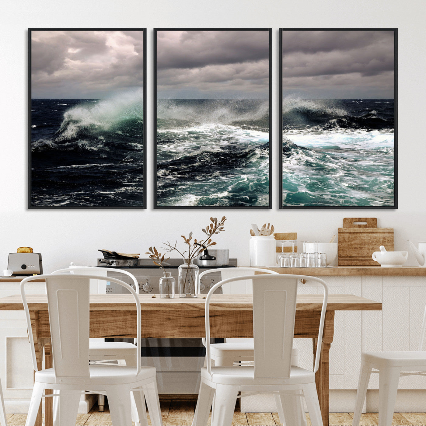 Powerful ocean waves crashing under stormy skies, creating a dynamic and intense seascape.