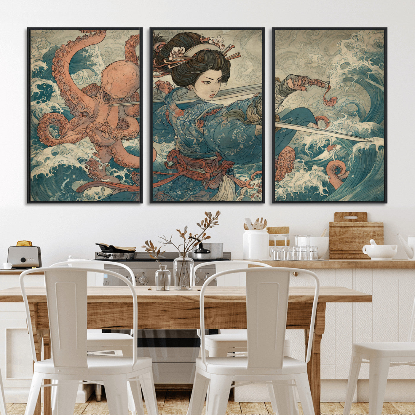 Tsukioka Yoshitoshi Samurai Wall Art Print, Japanese Katana Warrior Canvas Wall Art, Octopus Sea Monster Canvas Print,