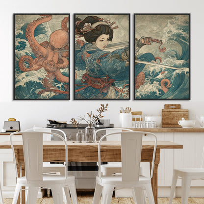 Tsukioka Yoshitoshi Samurai Wall Art Print, Japanese Katana Warrior Canvas Wall Art, Octopus Sea Monster Canvas Print,