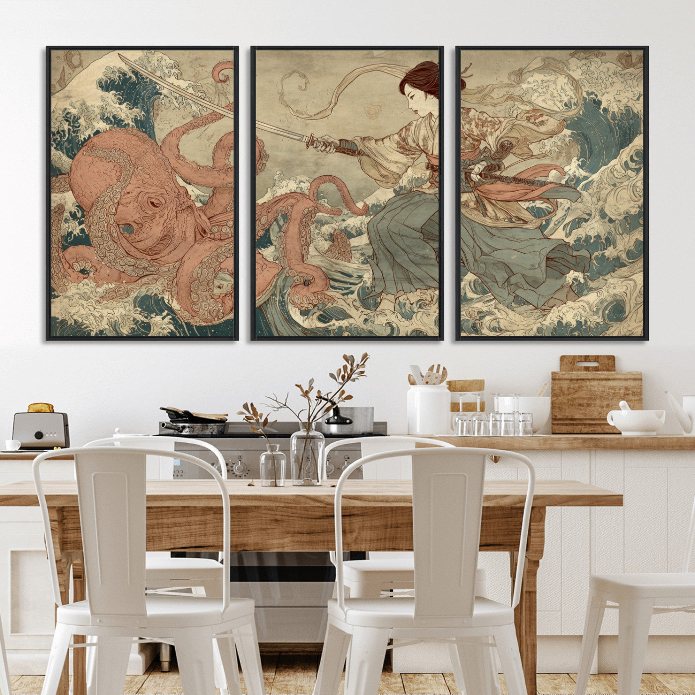Tsukioka Yoshitoshi Samurai Wall Art Print, Japanese Katana Warrior Canvas Wall Art, Octopus Sea Monster Canvas Print,