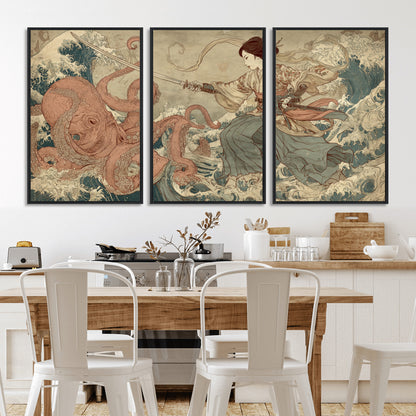 Tsukioka Yoshitoshi Samurai Wall Art Print, Japanese Katana Warrior Canvas Wall Art, Octopus Sea Monster Canvas Print,