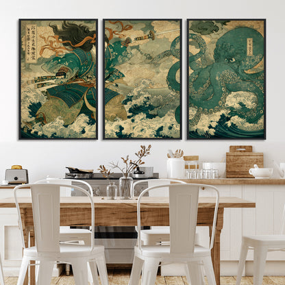 Tsukioka Yoshitoshi Samurai Wall Art Print, Japanese Katana Warrior Canvas Wall Art, Octopus Sea Monster Canvas Print,