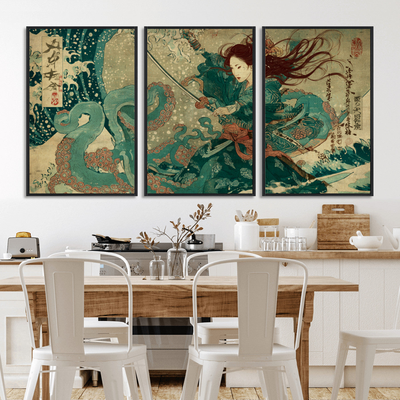 Tsukioka Yoshitoshi Samurai Wall Art Print, Japanese Katana Warrior Canvas Wall Art, Octopus Sea Monster Canvas Print,