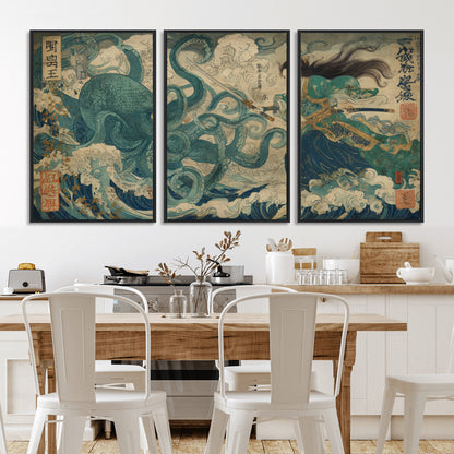 Tsukioka Yoshitoshi Samurai Wall Art Print, Japanese Katana Warrior Canvas Wall Art, Octopus Sea Monster Canvas Print,