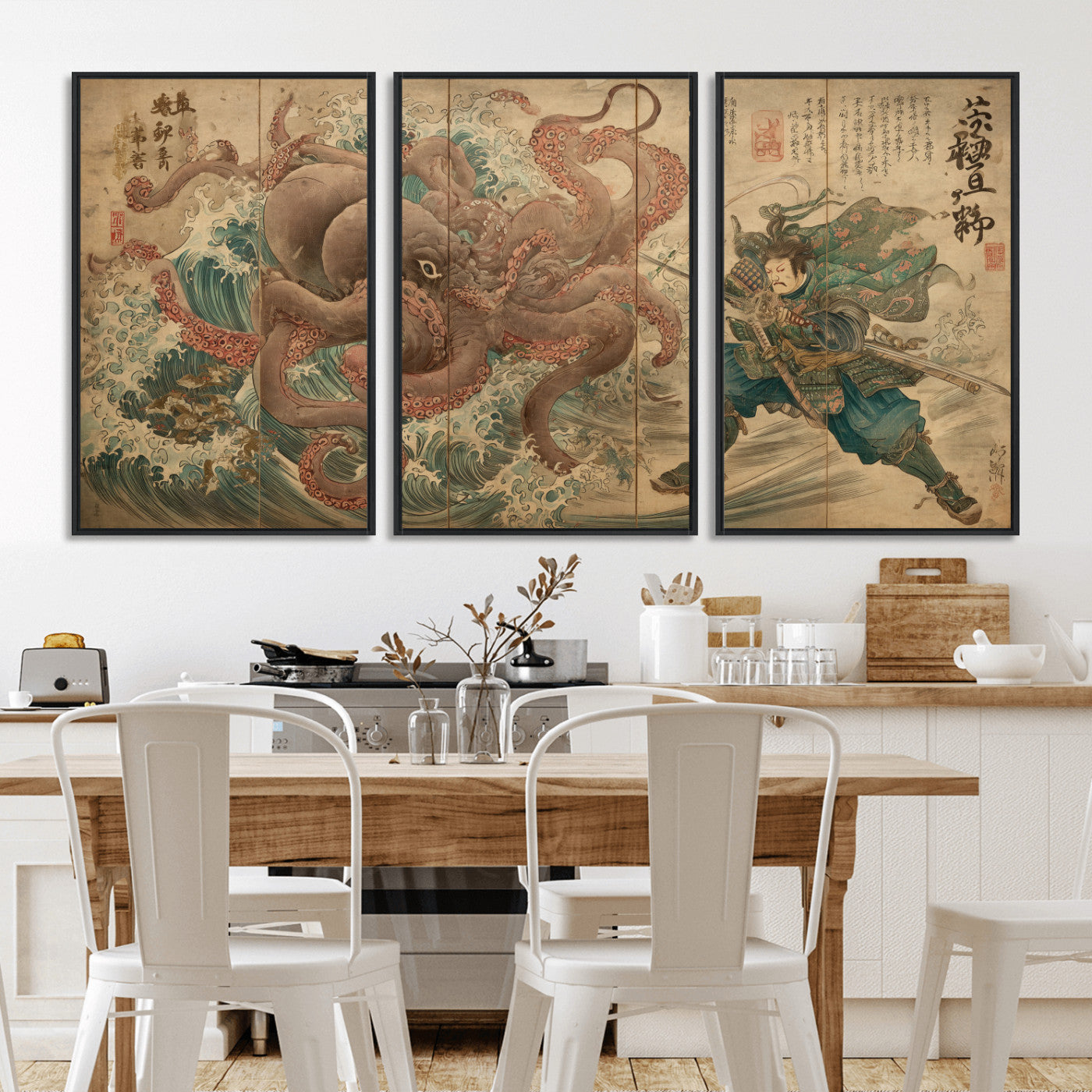 Tsukioka Yoshitoshi Samurai Wall Art Print, Japanese Katana Warrior Canvas Wall Art, Octopus Sea Monster Canvas Print,