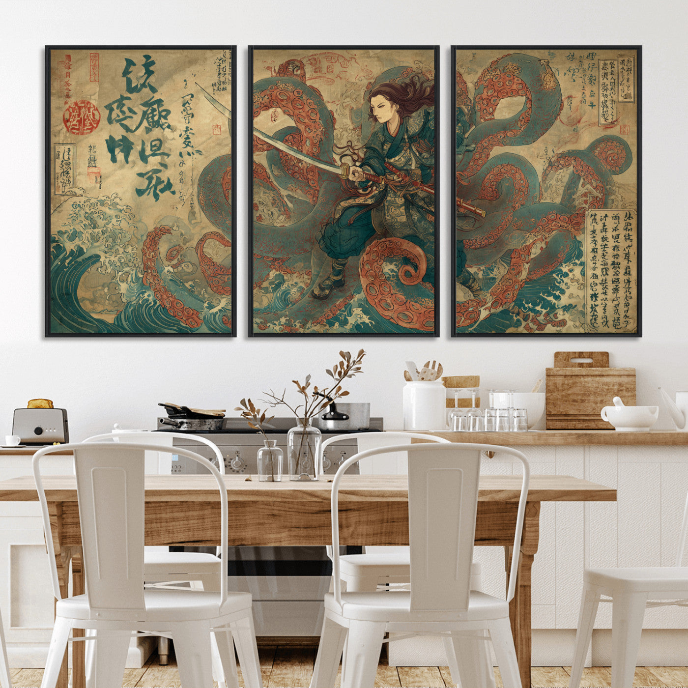 Tsukioka Yoshitoshi Samurai Wall Art Print, Japanese Katana Warrior Canvas Wall Art, Octopus Sea Monster Canvas Print,