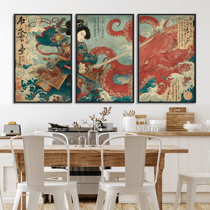 Tsukioka Yoshitoshi Samurai Wall Art Print, Japanese Katana Warrior Canvas Wall Art, Octopus Sea Monster Canvas Print,