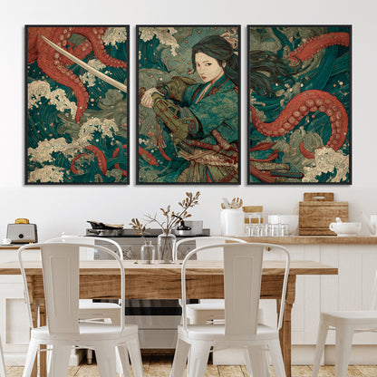 Tsukioka Yoshitoshi Samurai Wall Art Print, Japanese Katana Warrior Canvas Wall Art, Octopus Sea Monster Canvas Print,