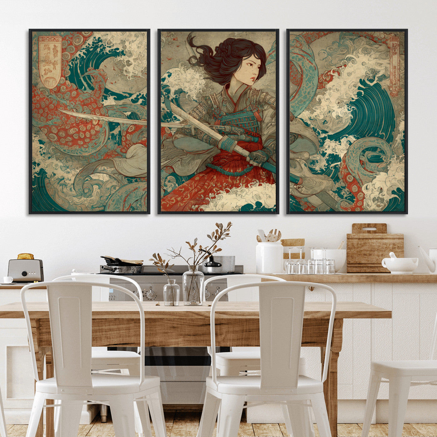 Tsukioka Yoshitoshi Samurai Wall Art Print, Japanese Katana Warrior Canvas Wall Art, Octopus Sea Monster Canvas Print,