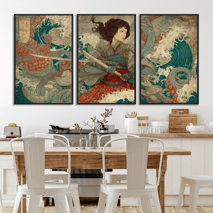 Tsukioka Yoshitoshi Samurai Wall Art Print, Japanese Katana Warrior Canvas Wall Art, Octopus Sea Monster Canvas Print,