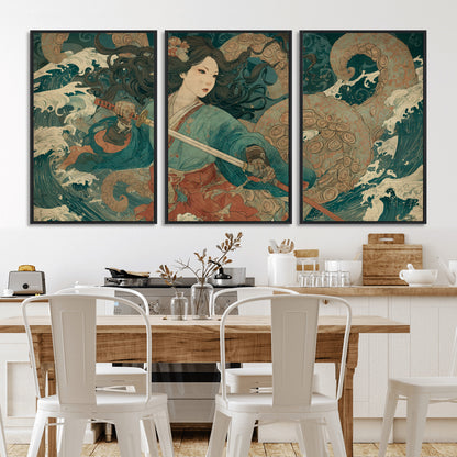 Tsukioka Yoshitoshi Samurai Wall Art Print, Japanese Katana Warrior Canvas Wall Art, Octopus Sea Monster Canvas Print,