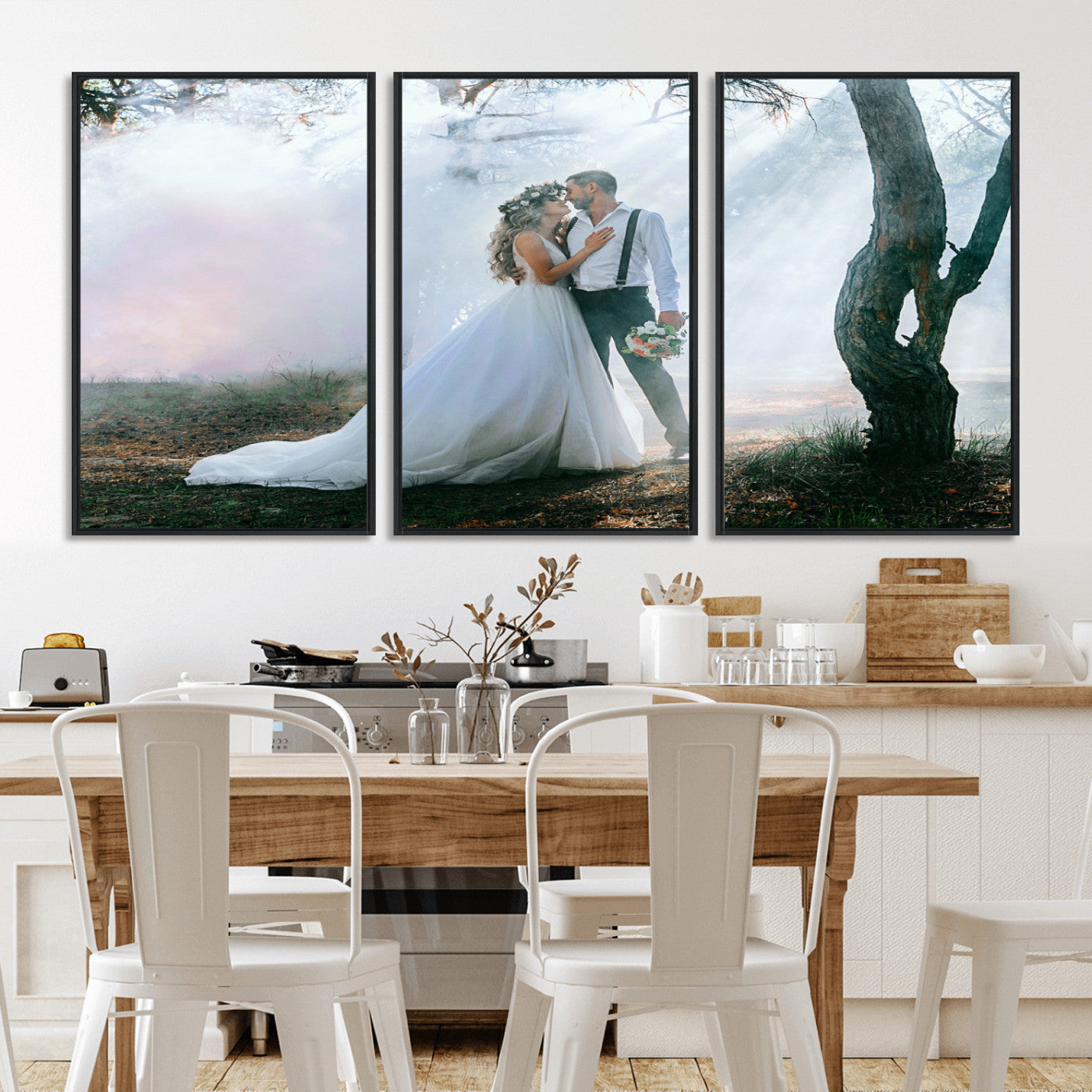 MGV-FC-60X30-3P - Forest Wedding Wall Art – Romantic Bride and Groom Canvas Print, Enchanted Woodland Photography Decor for Bedroom, Living Room, or Wedding Gift