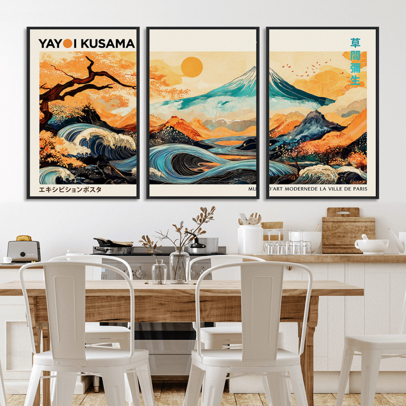 Modern Japanese-style art print featuring a stylized Mount Fuji, flowing waves, and vibrant landscapes in bold colors, inspired by traditional and contemporary aesthetics.