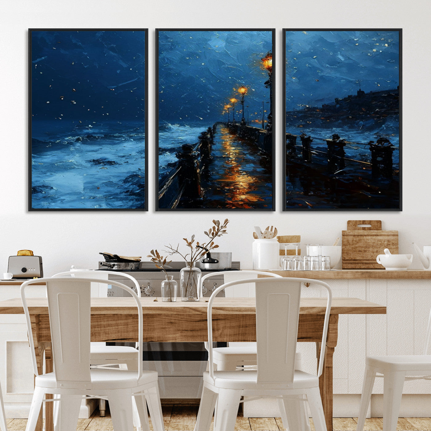 "Impressionistic painting of a rainy pier at night with glowing street lamps reflecting on the wet surface, ocean waves crashing under a dark blue sky."