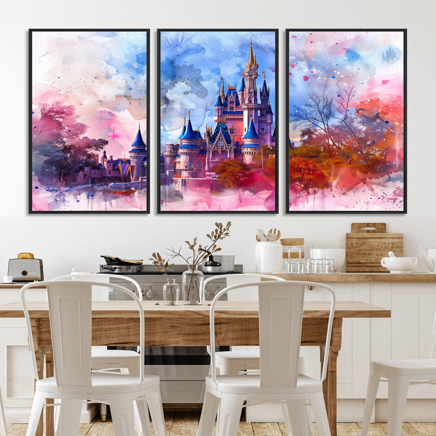 Watercolor canvas of a dreamy Disney-style castle in pastel pink and blue tones, perfect for fairytale or whimsical home decor.