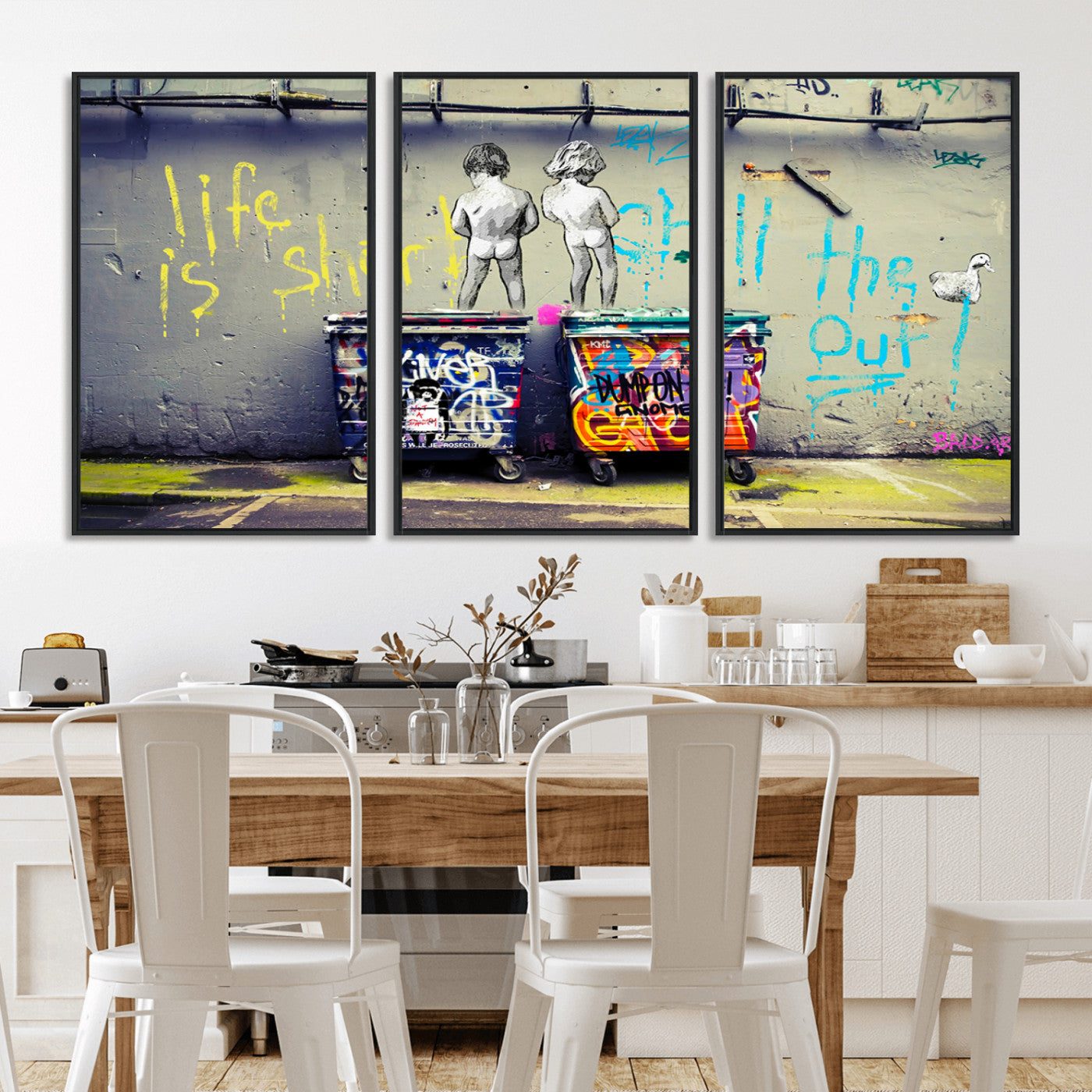 Graffiti-style canvas art with bold text and two naked figures over urban dumpsters, ideal for edgy or street-style decor.