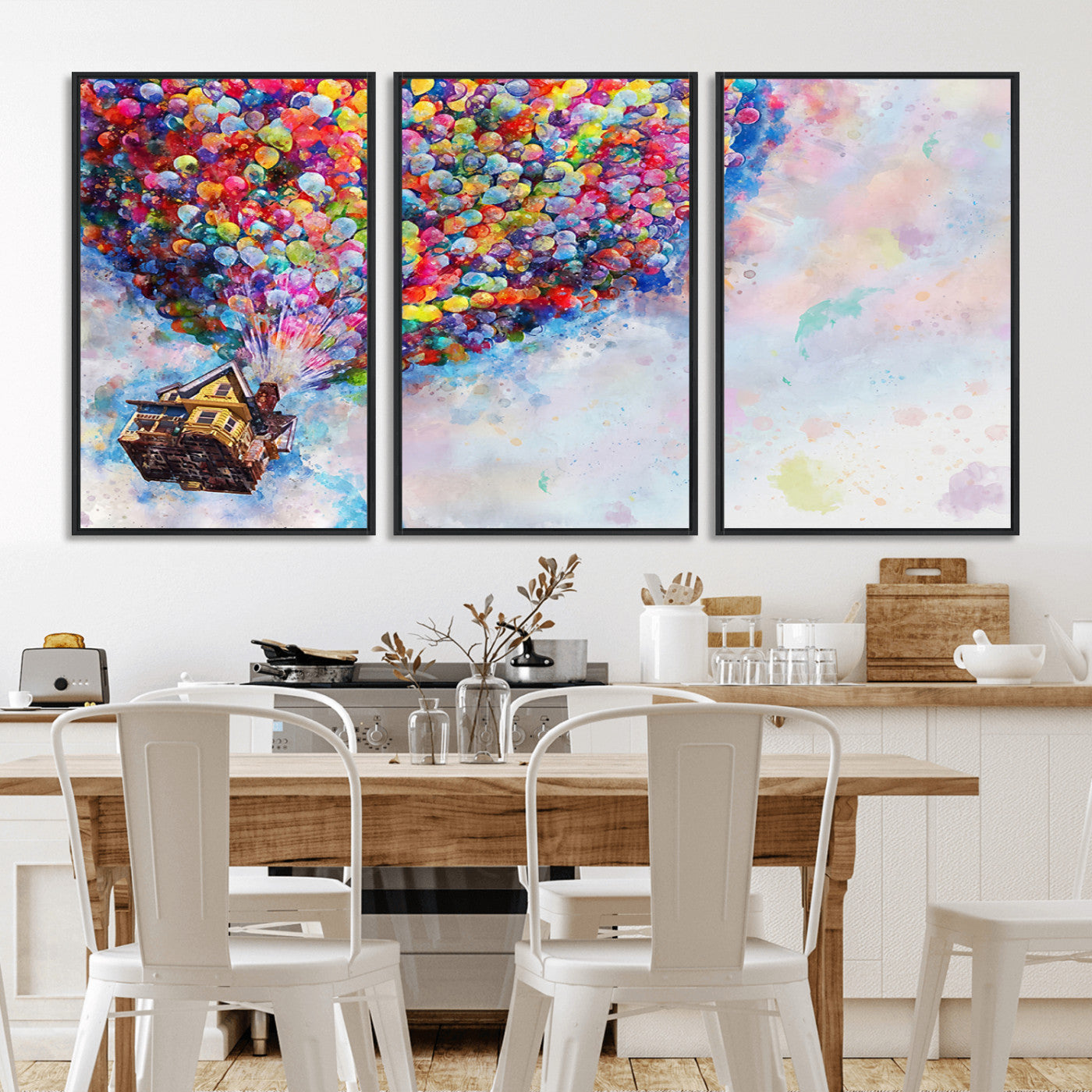 Whimsical canvas of the house from the movie Up flying with colorful balloons, ideal for Pixar or animation-themed decor.