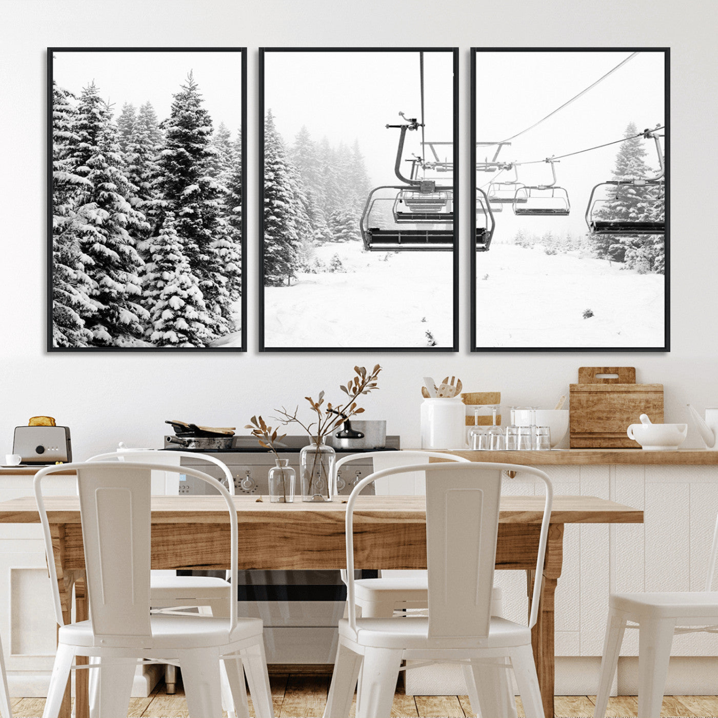 Black and white canvas of empty ski lifts over a snowy pine forest, perfect for minimal winter or ski lodge-inspired decor.