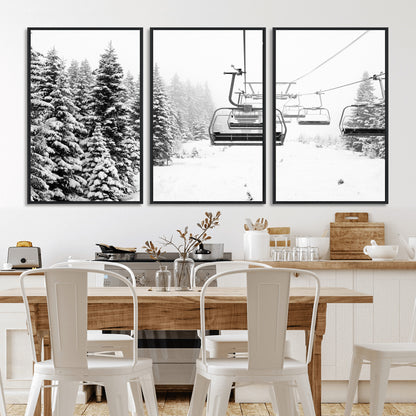 Black and white canvas of empty ski lifts over a snowy pine forest, perfect for minimal winter or ski lodge-inspired decor.