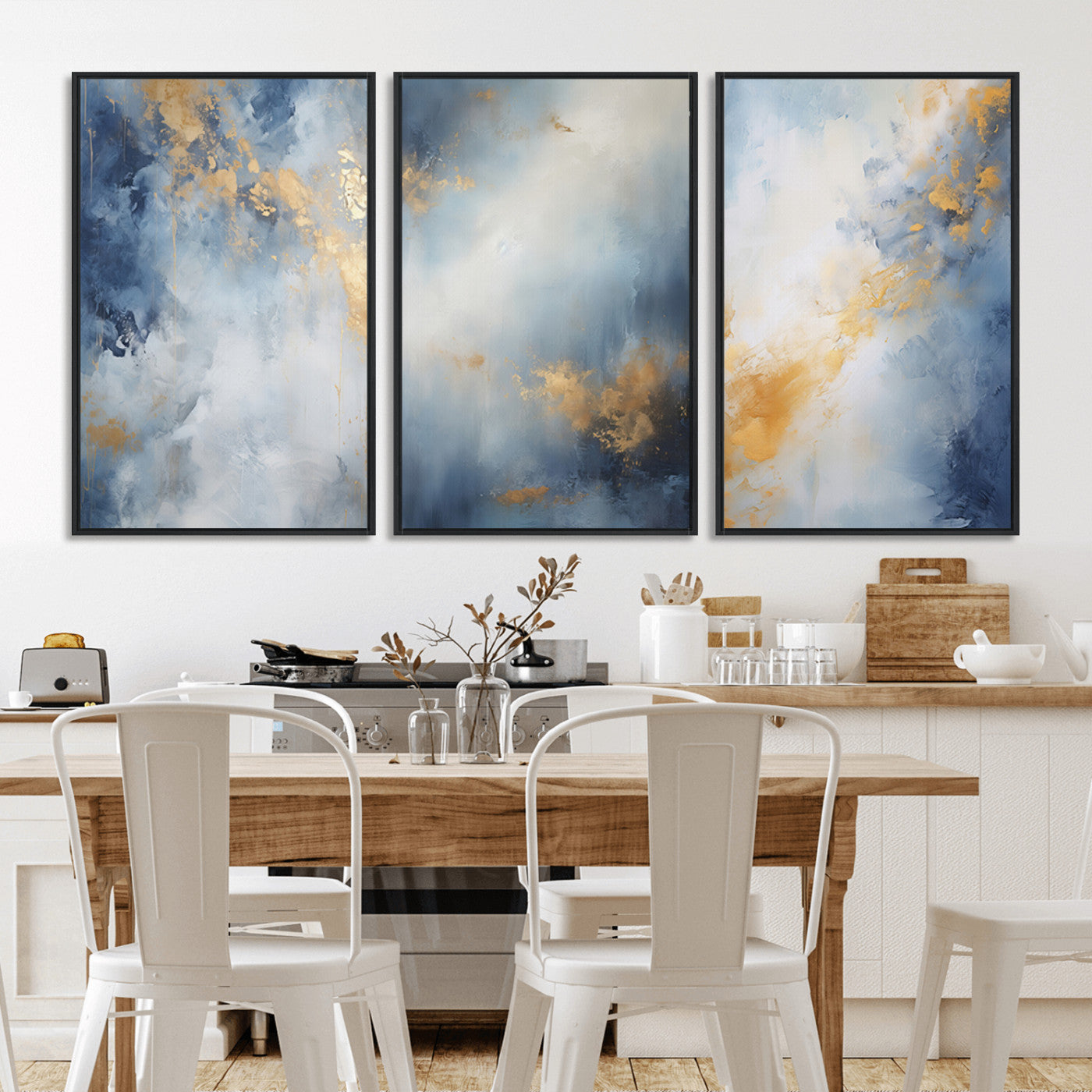 Abstract canvas art in soft blue and gold tones with textured brushstrokes, ideal for elegant or modern neutral decor spaces.